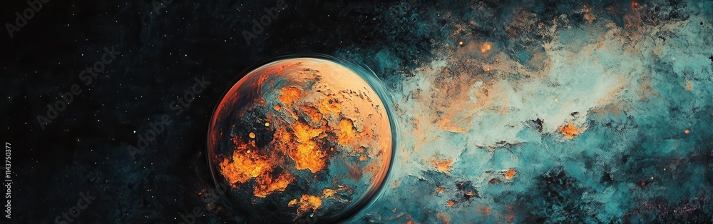 Poster vibrant overhead view of a distant planet in the cosmos with vibrant colors and swirling clouds of g