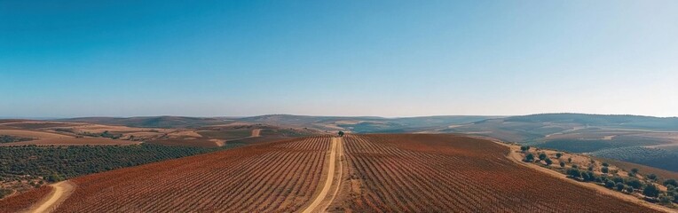 Vineyard landscape captured from above showcasing rolling hills and endless rows of grapevines during clear sunny weather