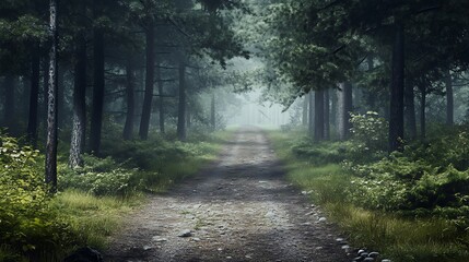 Fototapeta premium Misty Forest Path. Concept of mystery, tranquility, and nature.