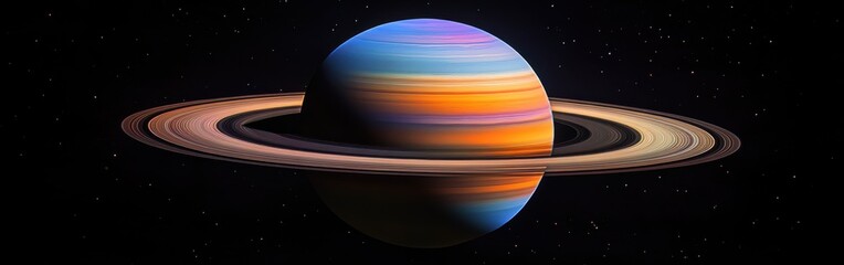 Stunning cosmic view of a gas giant reveals vibrant rings and intricate atmospheric colors in a serene expanse of space