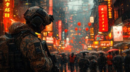 Naklejka premium Soldier in a vibrant, rainy street filled with lanterns.