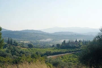 Obraz premium Tuscan countryside rolling hills misty morning golden light cypress trees vineyard farmhouse
