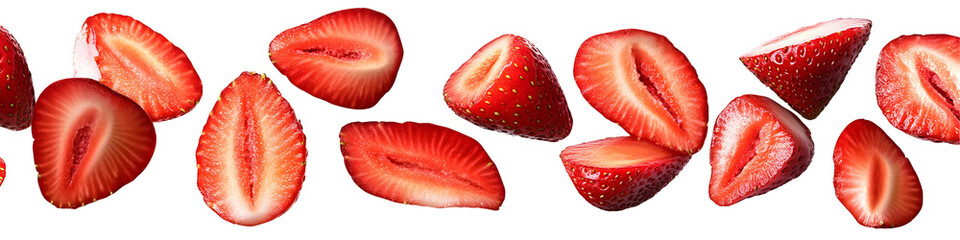 Sliced Strawberries Falling, Isolated on White Background, Fresh Red Fruit, Juicy Summer Treat, Vibrant Food Photography, Transparent Background