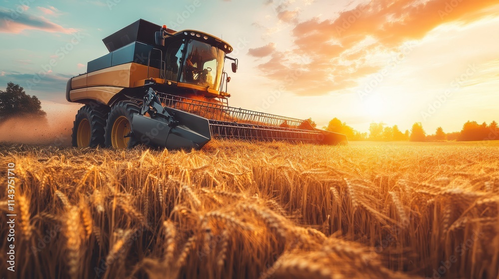 Poster combine harvester moving through golden wheat fields at sunset in a rural setting
