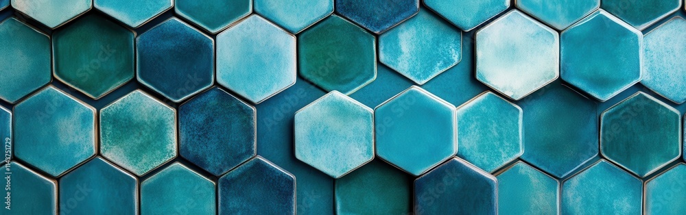Poster interconnected hexagons in varying shades of blue create a modern mosaic pattern for interior design