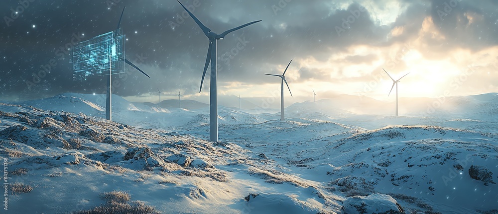 Poster wind turbines with digital overlays, showcasing the fusion of renewable energy and cuttingedge techn