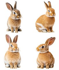 Fototapeta premium four adorable bunnies with brown and white fur sitting on a transparent background they are looking at the camera with curious expressions