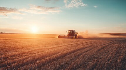 Fototapeta premium Combine harvester working at sunset in agricultural field