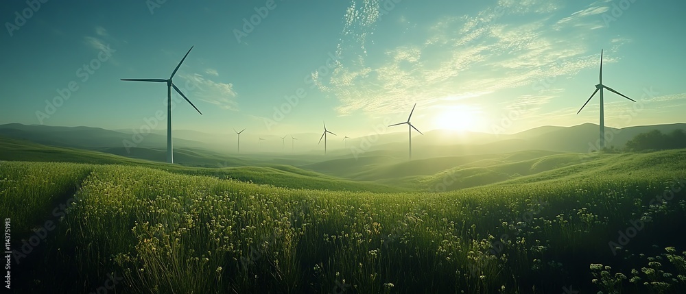 Poster wind turbines with futuristic digital graphics overlayed, symbolizing renewable energy and technolog