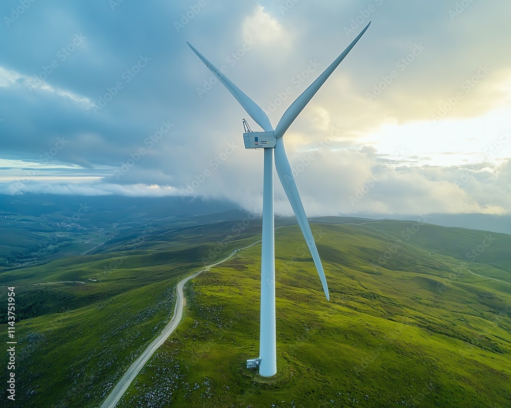 Poster wind turbines with hightech digital overlays, showcasing the integration of renewable energy and adv