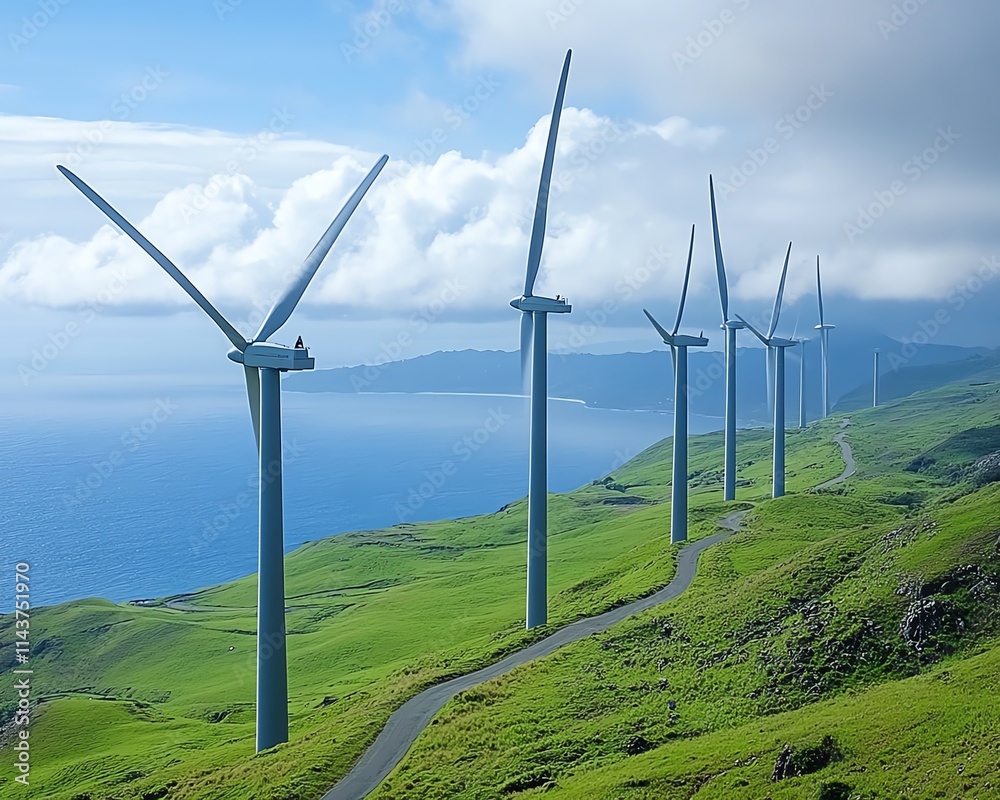 Poster wind turbines with hightech digital overlays, showcasing the integration of renewable energy and adv