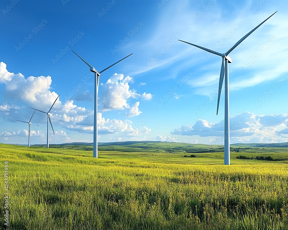 Poster wind turbines with hightech digital overlays, showcasing the integration of renewable energy and adv