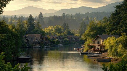 Obraz premium Serene village views along the river surrounded by mountains at sunset
