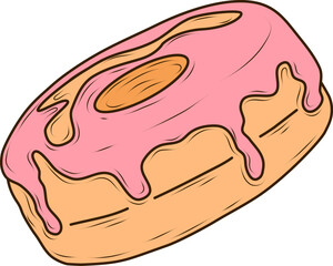 Sweet whole donut, donut ring with strawberry glaze. Cartoon flat vector illustration. Side view. Good for kids patterns, design food packaging, textile, children cards