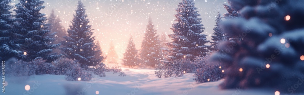 Poster serene snowy landscape at twilight with falling snow in a tranquil forest setting