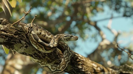 Fototapeta premium A python resting on a tree branch against the sky, showcasing its natural habitat. Natural daylight.