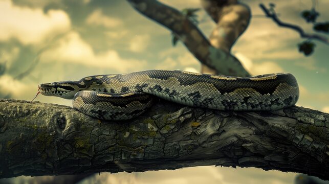 A python resting on a tree branch against the sky, with detailed textures of the scales and the natural background creating a serene scene. Natural bright light, 70-200mm focal length.