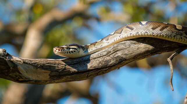 A python resting on a tree branch against the sky, with detailed textures of the scales and the natural background creating a serene scene. Natural bright light, 70-200mm focal length.