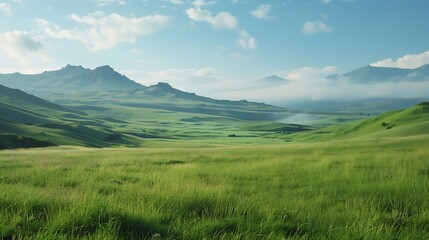 Serene Green Valley: A Breathtaking Vista of Rolling Hills and Majestic Mountains