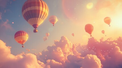 Obraz premium Colorful hot air balloons floating above soft clouds during a serene sunset.