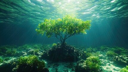 Obraz premium Underwater scene featuring a tree surrounded by coral.