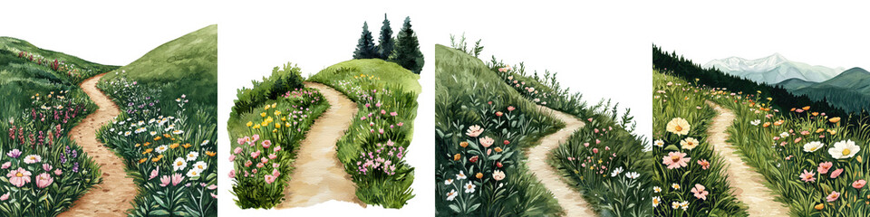 Obraz premium Winding Pathway Through Lush Meadow and Verdant Mountain Landscape