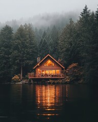 Fototapeta premium Cozy Lakeside Cabin Retreat in the Misty Forest at Twilight