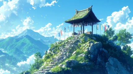 Obraz premium Mountaintop shrine with flags, stairs, and scenic view.