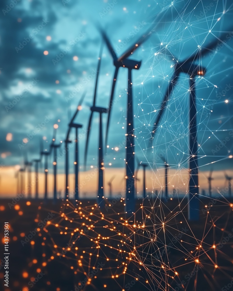 Poster futuristic wind turbines enhanced with digital graphics, representing the cuttingedge advancements i