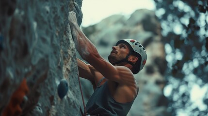 A rock climber in a helmet scaling a cliff face, intense focus and determination. Harsh natural light.