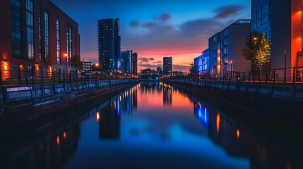 Fototapeta premium Urban Canal at Dusk. Modern Cityscape Reflections.