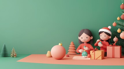 Christmas decorations relevance concept. Cheerful children decorating for Christmas with gifts and a tree.