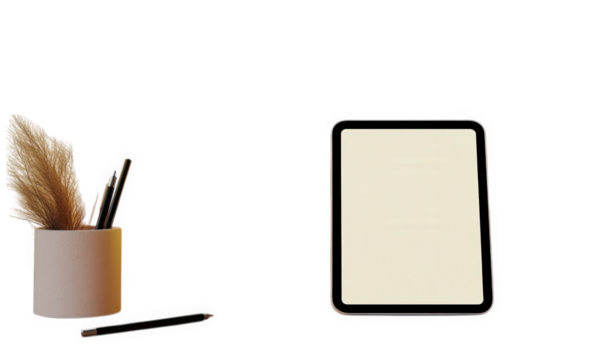 a tablet with blank screen on a wooden desk with pencils and a plant in a pot. against a yellow wall with sunlight streaming through the window