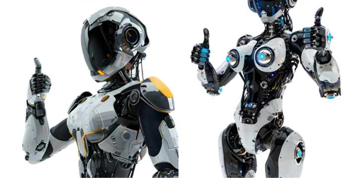 Poster with a robot woman giving thumbs up with copy space. Generative AI. - Powered by Adobe