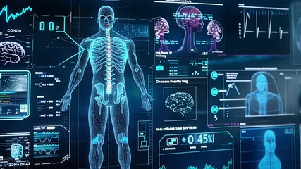Scientist is working with futuristic medical interface showing human body skeleton, brain activity and other medical data processing in modern laboratory - Powered by Adobe