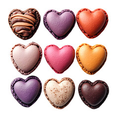 Fototapeta premium Collection of heart-shaped macarons isolated on white background