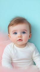 Naklejka premium Adorable baby girl with blue eyes sitting on pink tulle.