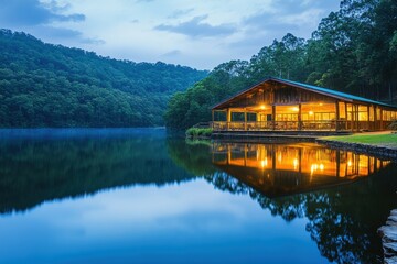 Obraz premium Serene Lakeside Retreat Tranquil Evening at the Lake House