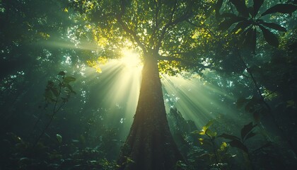 Obraz premium Majestic tree reaching towards the sky in a vibrant forest, with rays of sunlight filtering through the dense leaves, evoking calm and harmony