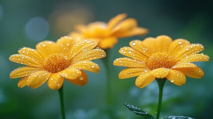 Three vibrant yellow flowers glistening with dew drops.