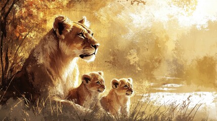 Mother Lion and Two Cubs in Serene Afternoon Landscape