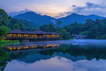 Fototapeta premium Serene Lakefront Retreat with Seaplane at Twilight in the Rainforest