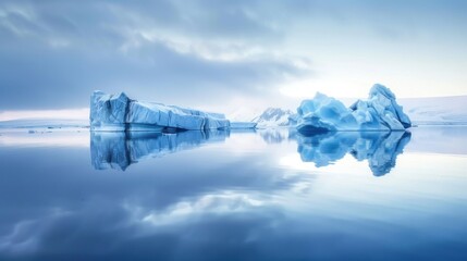 A serene Arctic landscape with iceberg reflections on calm water, under soft, diffused sunlight creating a tranquil atmosphere. Natural soft light.