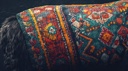 Close-up of a dog wearing a colorful patterned sweater.