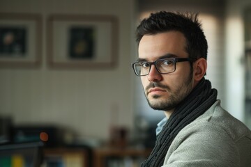 A serious man with office scenes in the background, focused expression. Soft office lighting.
