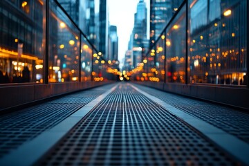Fototapeta premium A city walkway lit by orange lights creates an inviting and serene atmosphere at dusk, featuring an industrial yet warm tone reflecting modern architecture.