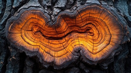 Close-up of a tree trunk's intricate, orange-hued, heartwood pattern.