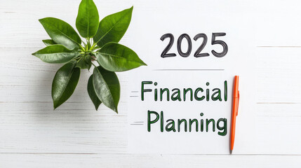 2025 Financial Planning concept. 2025 financial planning with green plant and orange pen on table