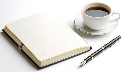 Blank journal open on a desk with a pen and cup of coffee beside it representing the start of fresh ideas