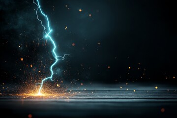 A vivid lightning bolt dramatically forks through a dark, stormy sky, casting a striking silhouette and causing radiant sparks to scatter across the scene.